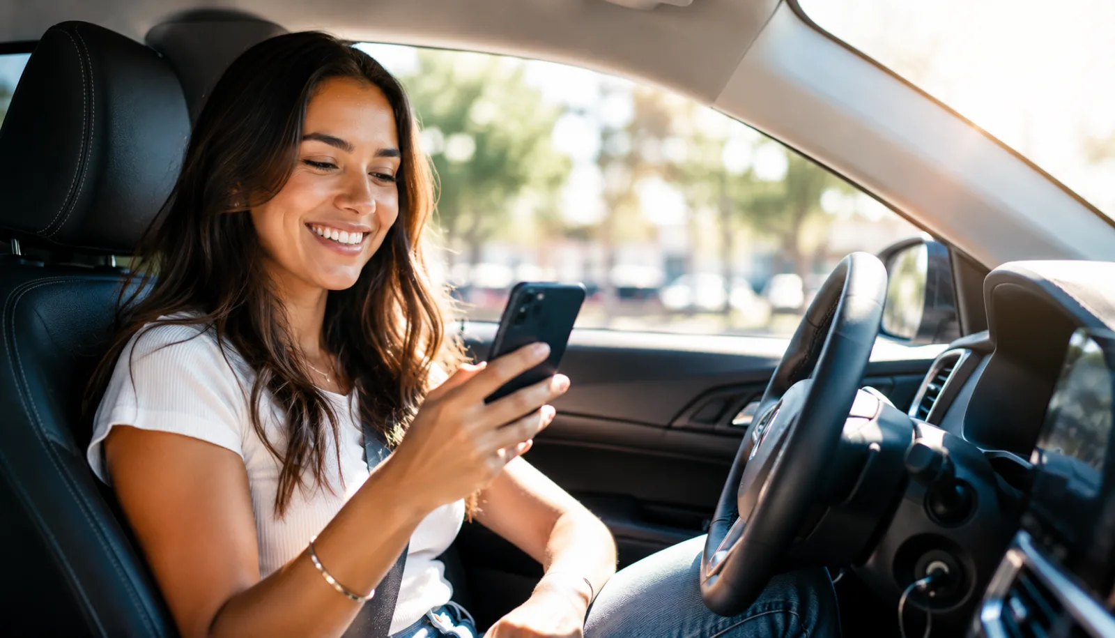 A smiling driver checking the Rubber Duck app on her phone from the front seat of her car