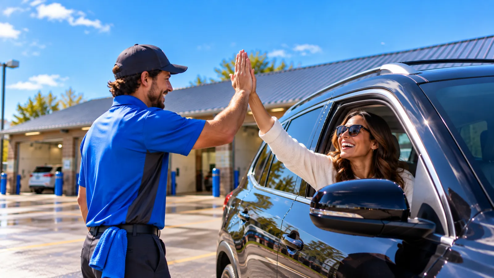 A smiling Rubber Duck team member high-fiving a happy driver through her car window