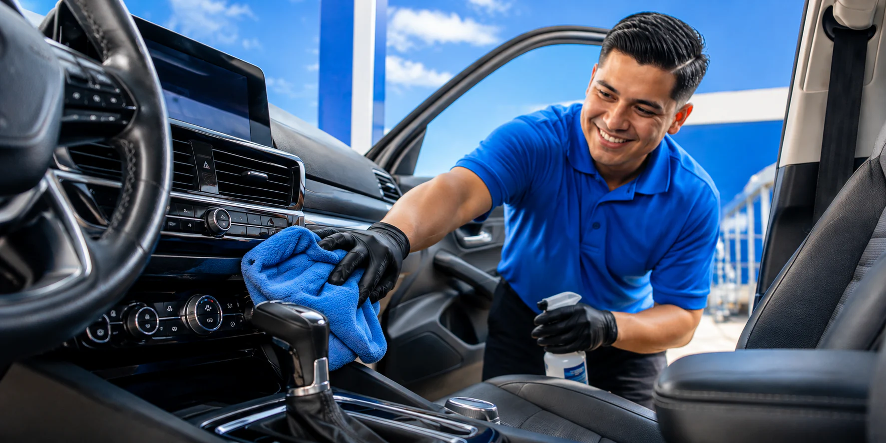A Rubber Duck team member wiping down a car's dashboard with a microfibre cloth