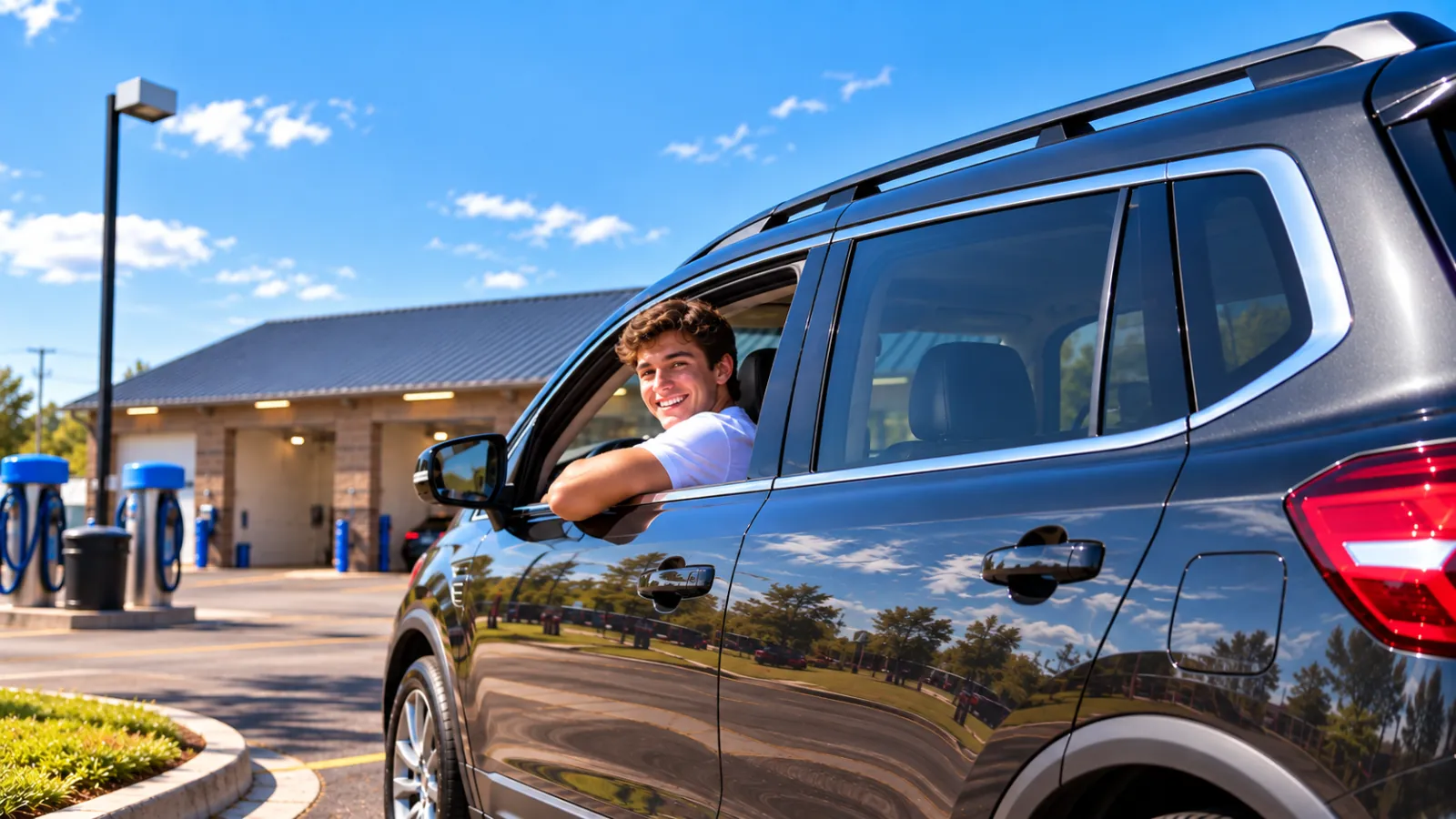 A smiling driver leaning out the window of a freshly washed SUV in front of the self-serve wash bays